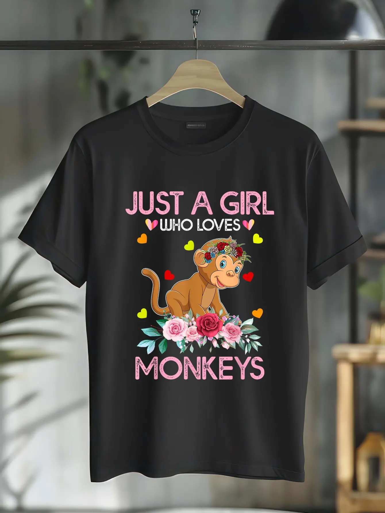 Women's 100% Cotton Casual Graphic T-Shirt - Cute, Funny Quote 'Just A Girl Who Loves Monkeys', Distressed Edge, Monkey Print, Short Sleeve, Round Neck, Everyday Top, Clothes, Crew Neck