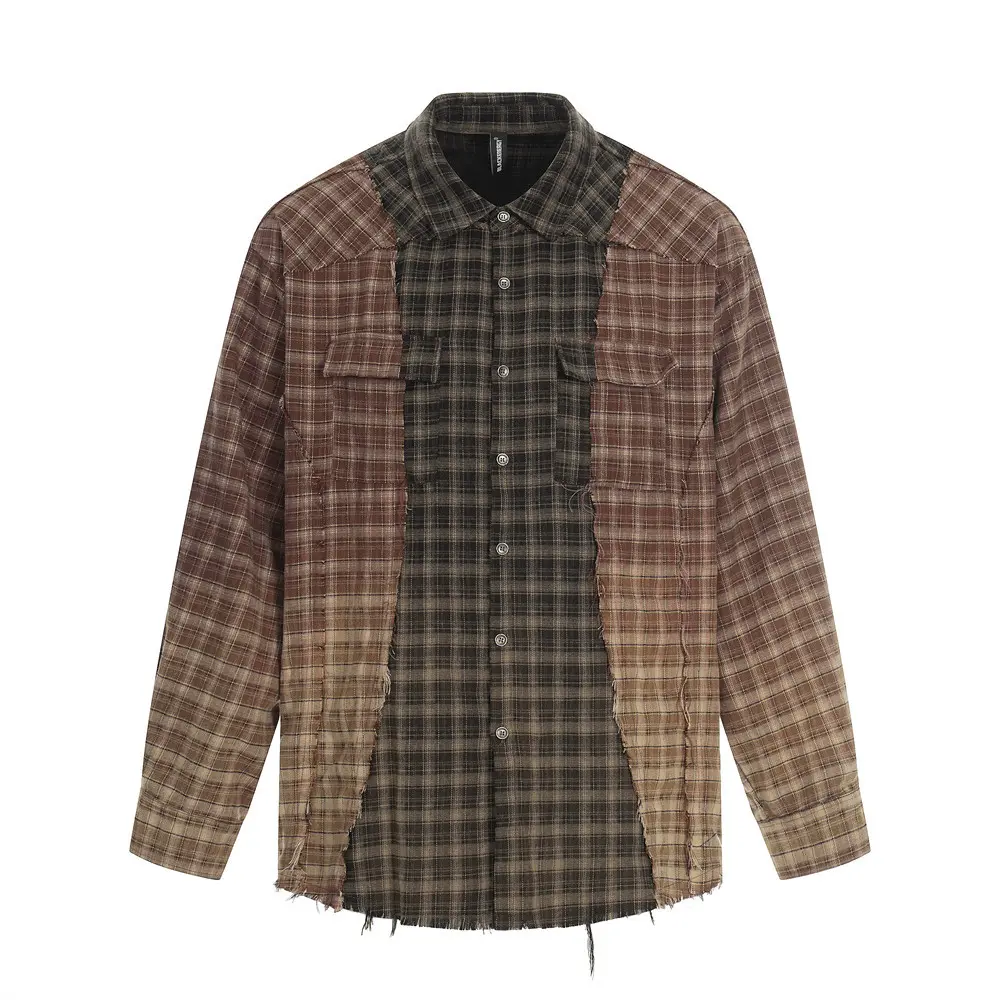 Inflation Men's 100% Cotton Retro Oversized Plaid Patchwork Collared Casual Shirt - Long Sleeves, Colorblock Streetwear Fit Top with Distressed Edges, Casual Shirts, Loose Casual Fit
