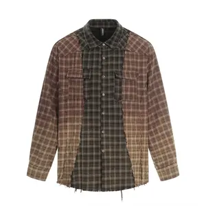 Inflation 100% Cotton Oversized Distressed Style Color-Block Plaid Patchwork Shirt | 2026 Spring Fall New Gradient Loose Casual Long Sleeve Blouse Street wear Fit Womenswear
