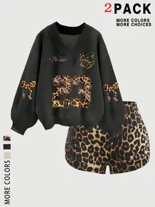 Women's Fall Winter Casual Loose-Fit Matching Sweatshirt Set, Top, Leopard & Letter Print, Round Neck, Long Sleeve, Thick Fabric, Ideal for Daily Wear, Lady, Womenswear