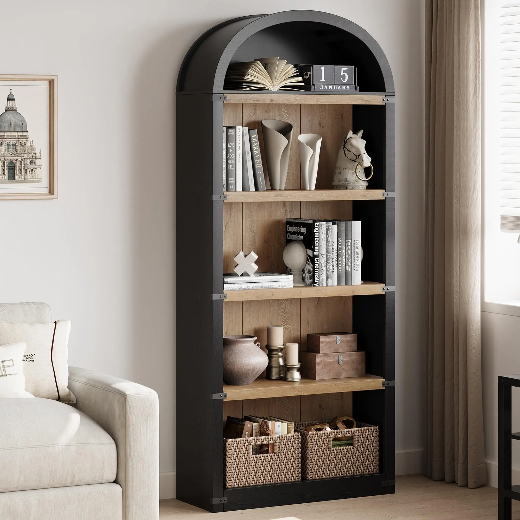 Bookcase 5 Shelf Arched Bookshelf 71.65in Tall Bookcase Farmhouse Display Storage Rack Wooden Bookshelves for Home Office, Living Room (Black/Natural)