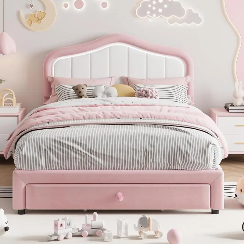 Upholstered Twin XL Bed Frame with LED Lights - Velvet Storage Bed with Headboard & Noise-Free Slats for Kids/Teens (No Box Spring Needed),Pink+White