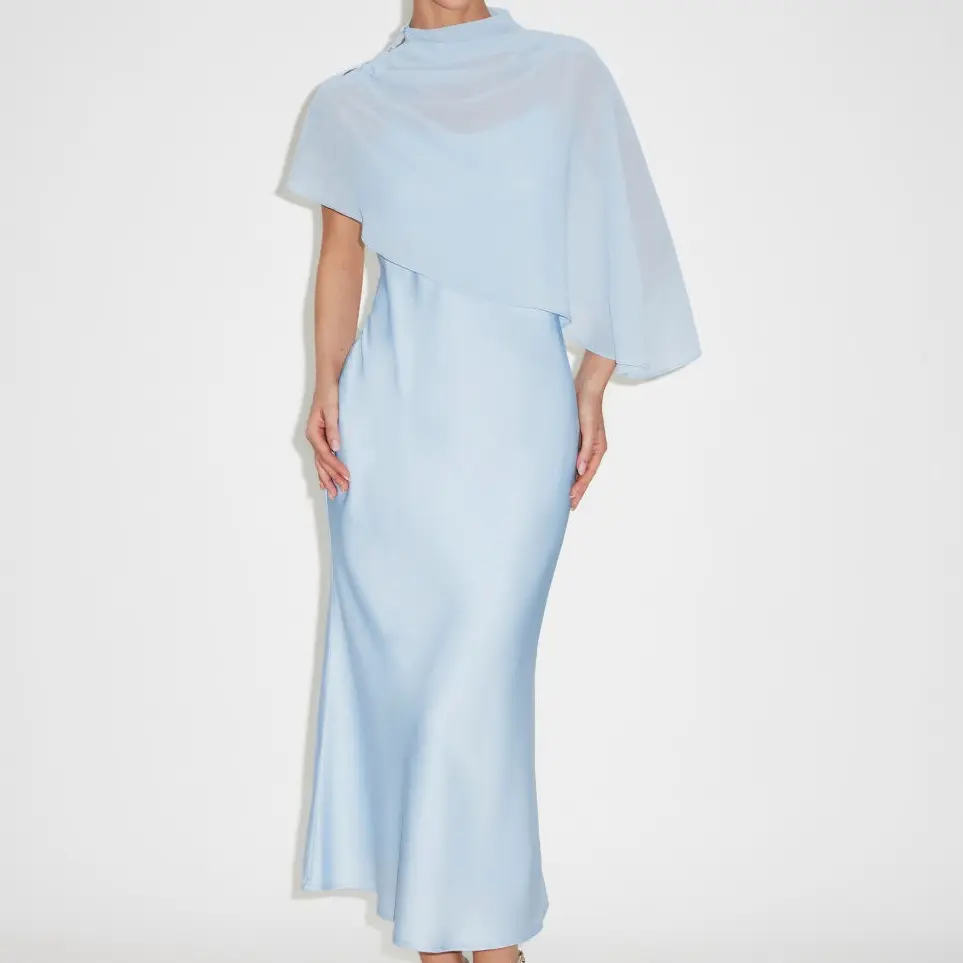 Satin High Neck Cape Sleeve Maxi Dress
