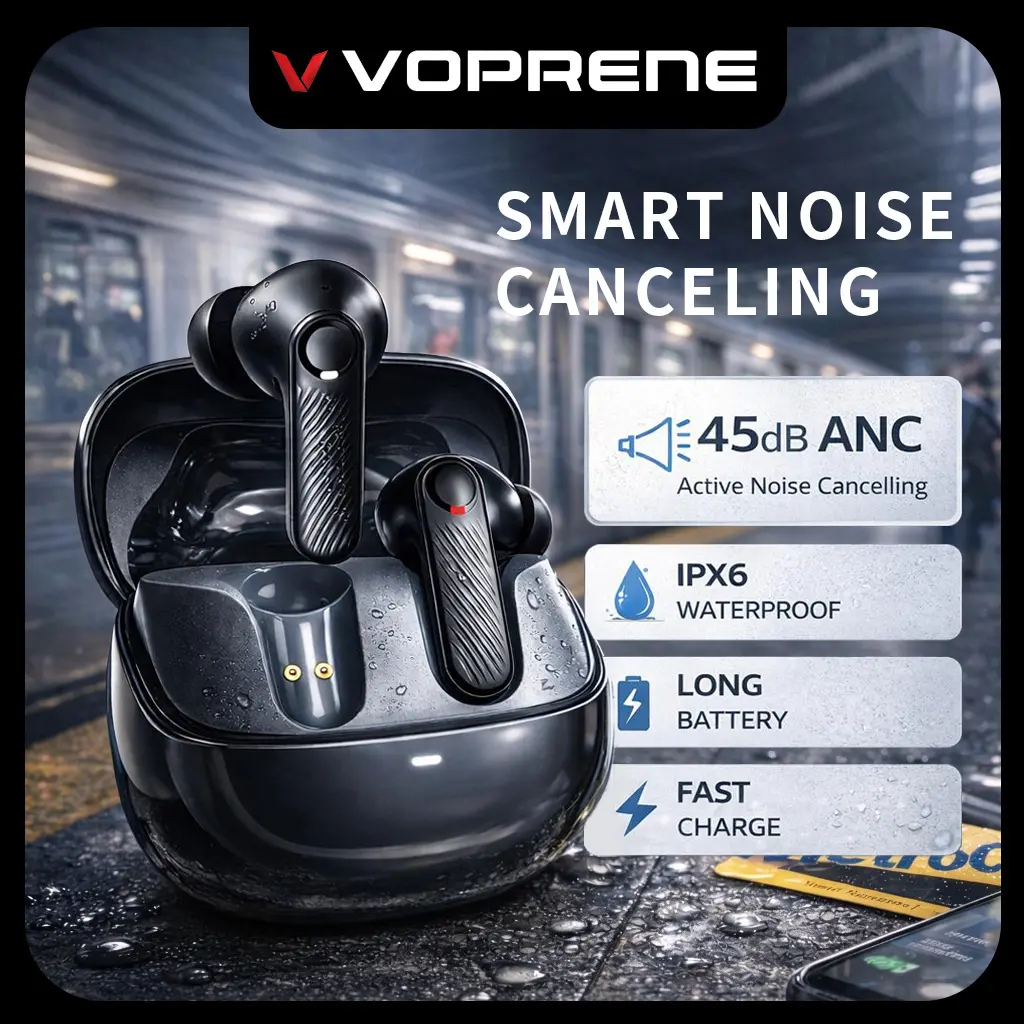 Voprene V73 HiFi Deep Bass Wireless Earbuds - Active Noise Cancellation, 140H Playtime, ENC Distinct Calls, Bluetooth 5.4, 10-Min Quick Charge, USB Connection, Automatic Pairing, Water Resistant, 20kHz Sound, Charging Station Compatible, Gym Use