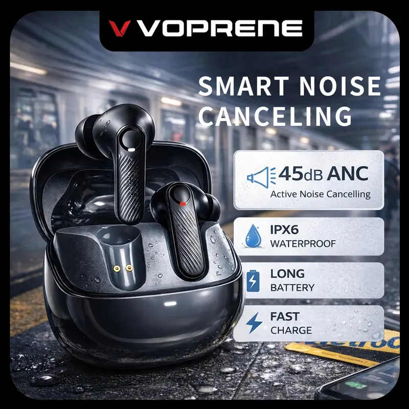 Voprene V73 HiFi Deep Bass Wireless Earbuds - Active Noise Cancellation, 140H Playtime, ENC Distinct Calls, Bluetooth 5.4, 10-Min Quick Charge, USB Connection, Automatic Pairing, Water Resistant, 20kHz Sound, Charging Station Compatible, Gym Use