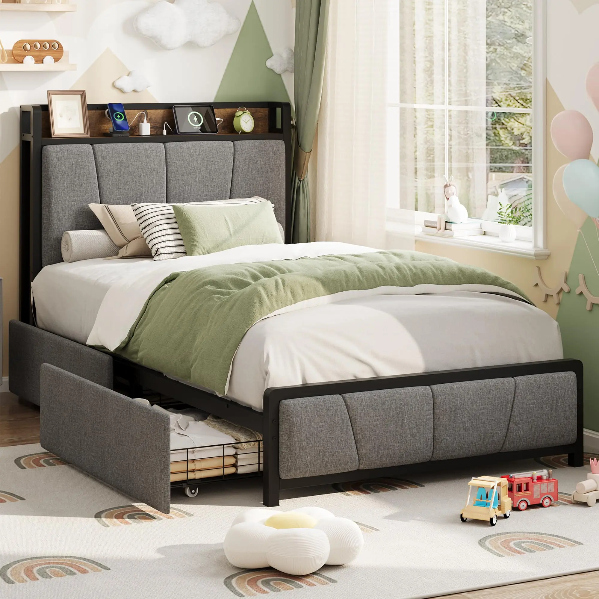 【GARVEE】- Single Size Bed Frame with 2 Storage Drawers and Charging Station, Rustic Linen Upholstered Bed Frame with Storage Headboard, No Box Spring Needed, Easy
