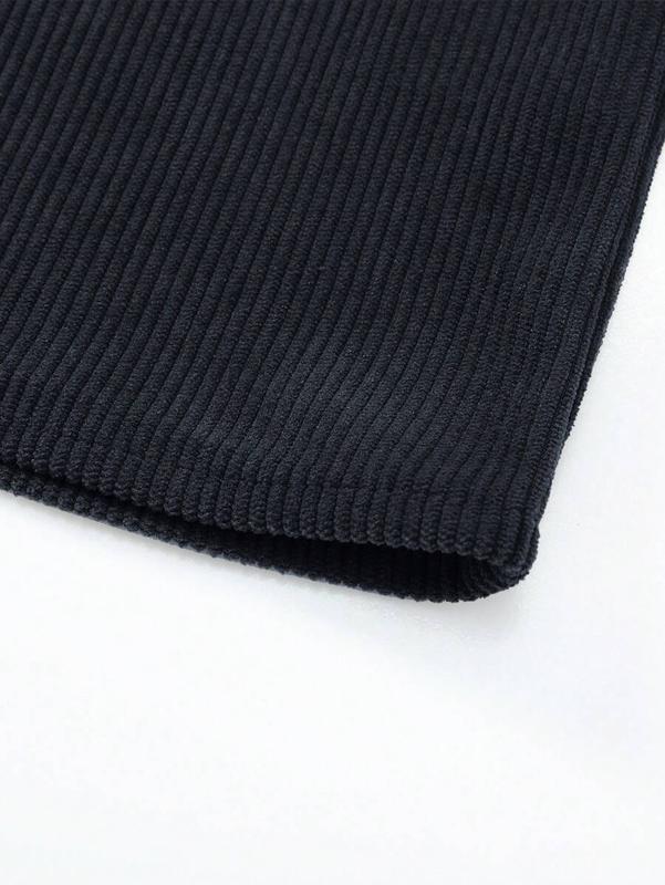 Black Corduroy Turndown Collar Long Sleeve Polo Shirt For Men, Loose Fit Casual Pullover Top, Spring/Autumn