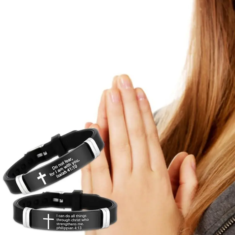 Inspirational Bible Verse Cross Bracelet, Christian Faith Silicone Wristband with Stainless Steel Cross, Adjustable Religious Jewelry for Men & Women