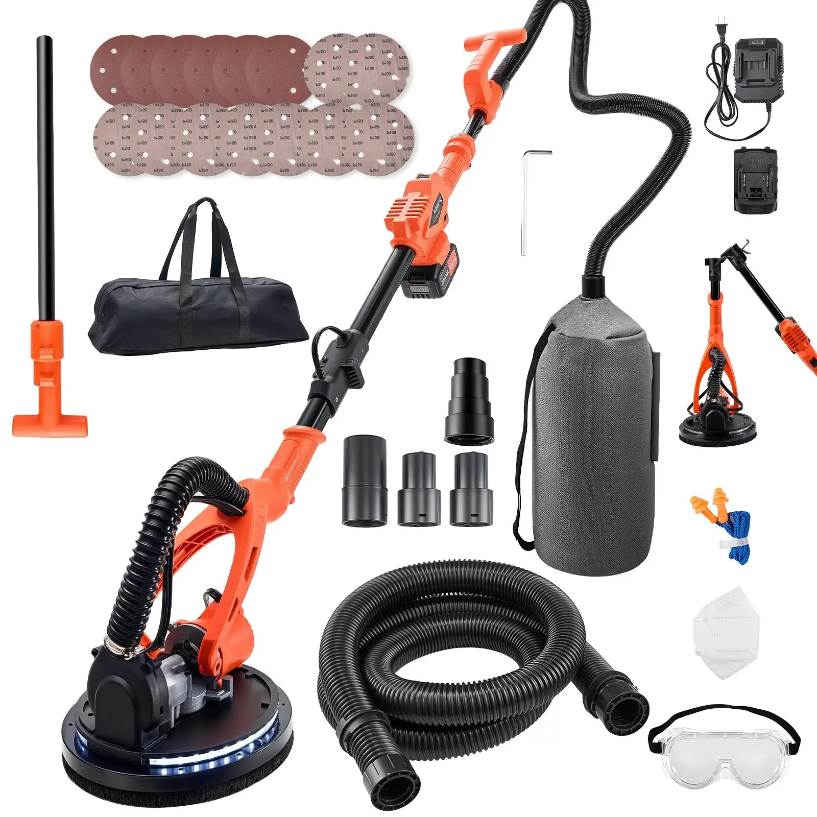 Cordless Drywall Sander With Vacuum Dust Collection For Popcorn Ceiling Removal, 450W Electric Sander, 7 Variable Speed 0-1600 RPM, LED Light, Foldable And Extendable Handle, 15 Sanding Discs