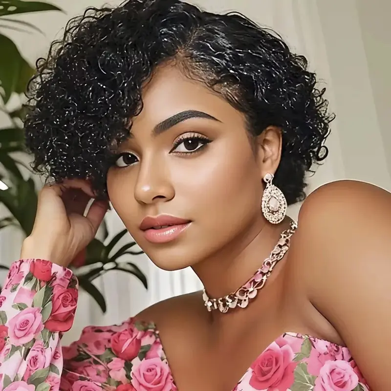 MYLOCKME Hair 13x4X1 T Part Lace Front Human Hair Wigs 6 Inch Black Color Brazilian Deep Wave Short Pixie Wig Natural Hairline