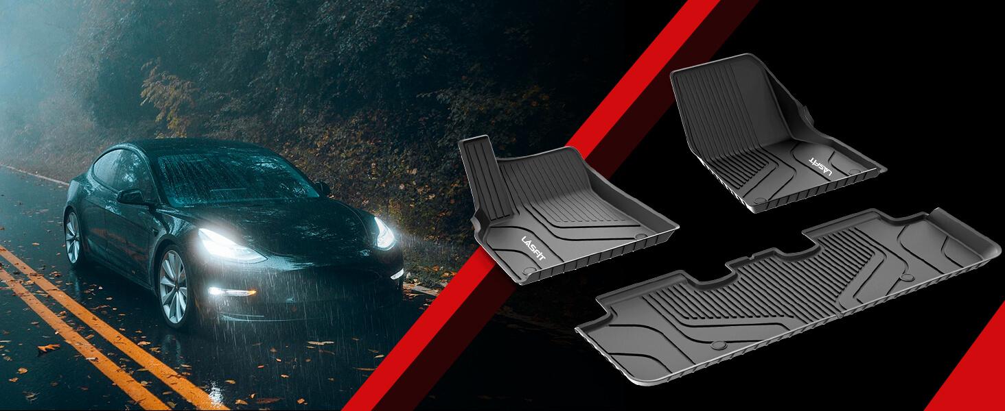 LASFIT Floor Mats for 2023 Tesla Model Y 2022 2021 2020 5 Seats, All Weather TPE Car Mats Custom Fit Floor Liners, Front and Rear 2 Rows Set