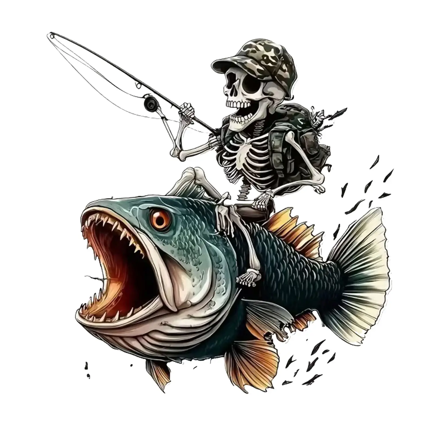 Skeleton Fishing Adventure Sticker, Funny Angler Riding a Giant Fish Artwork for Laptop, Water Bottle, Car, Helmet or Notebook, Unique Gift for Fishing Fans