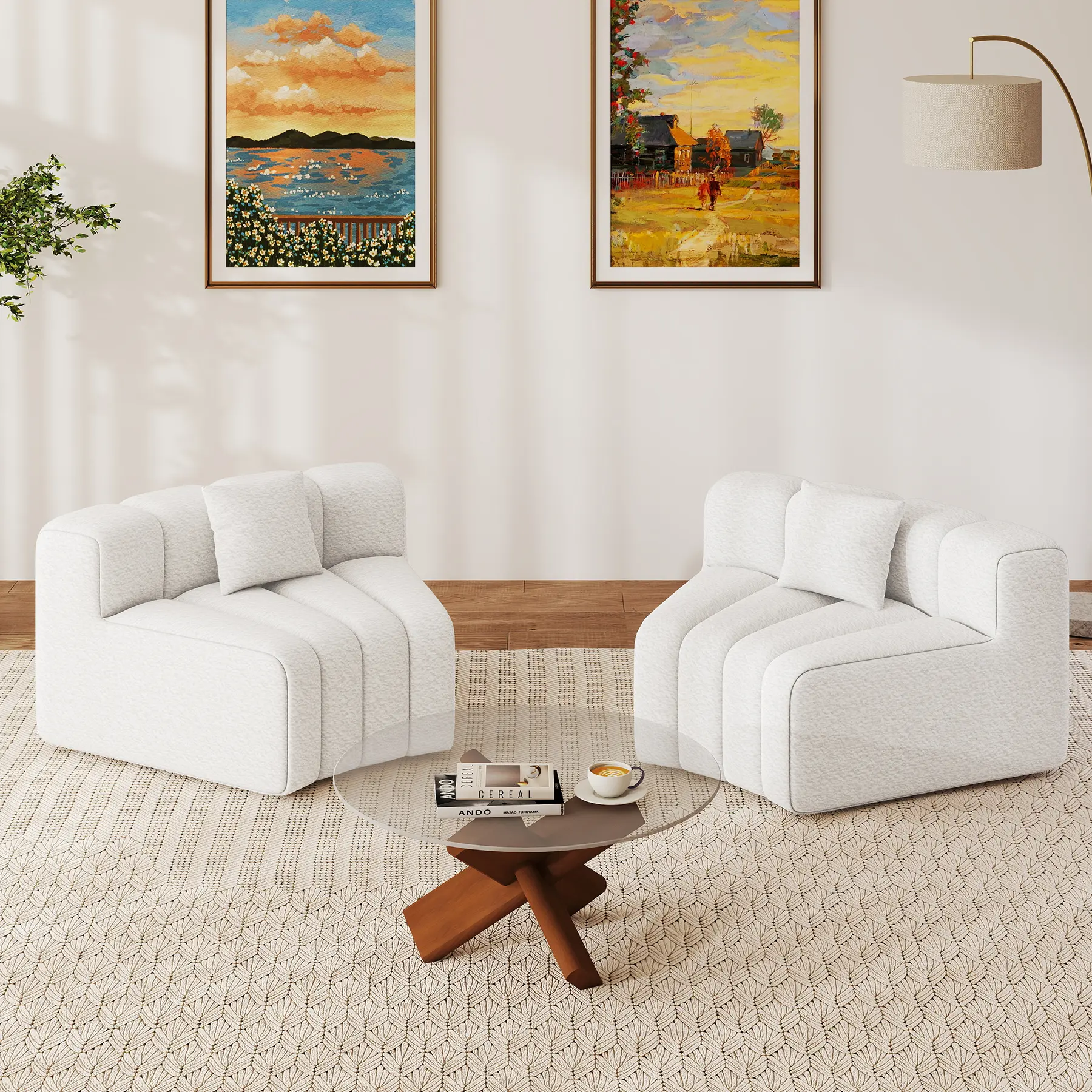 2PCS 1/8 Round Modular Sectional Sofa, 2 Seater Modern Curved Cloud Couch Modules, Convertible Boneless Couches for Living Room, No Assembly Required, White
