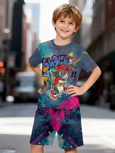 Cute Pixel Dragon Kids' Two-Piece Set, Short Sleeve and Shorts Outfit, 100% Polyester Casual Loose Fit Set with Fun Printed Patterns for Summer, Outdoor Sports T-Shirt Set, Perfect Gift for Boys