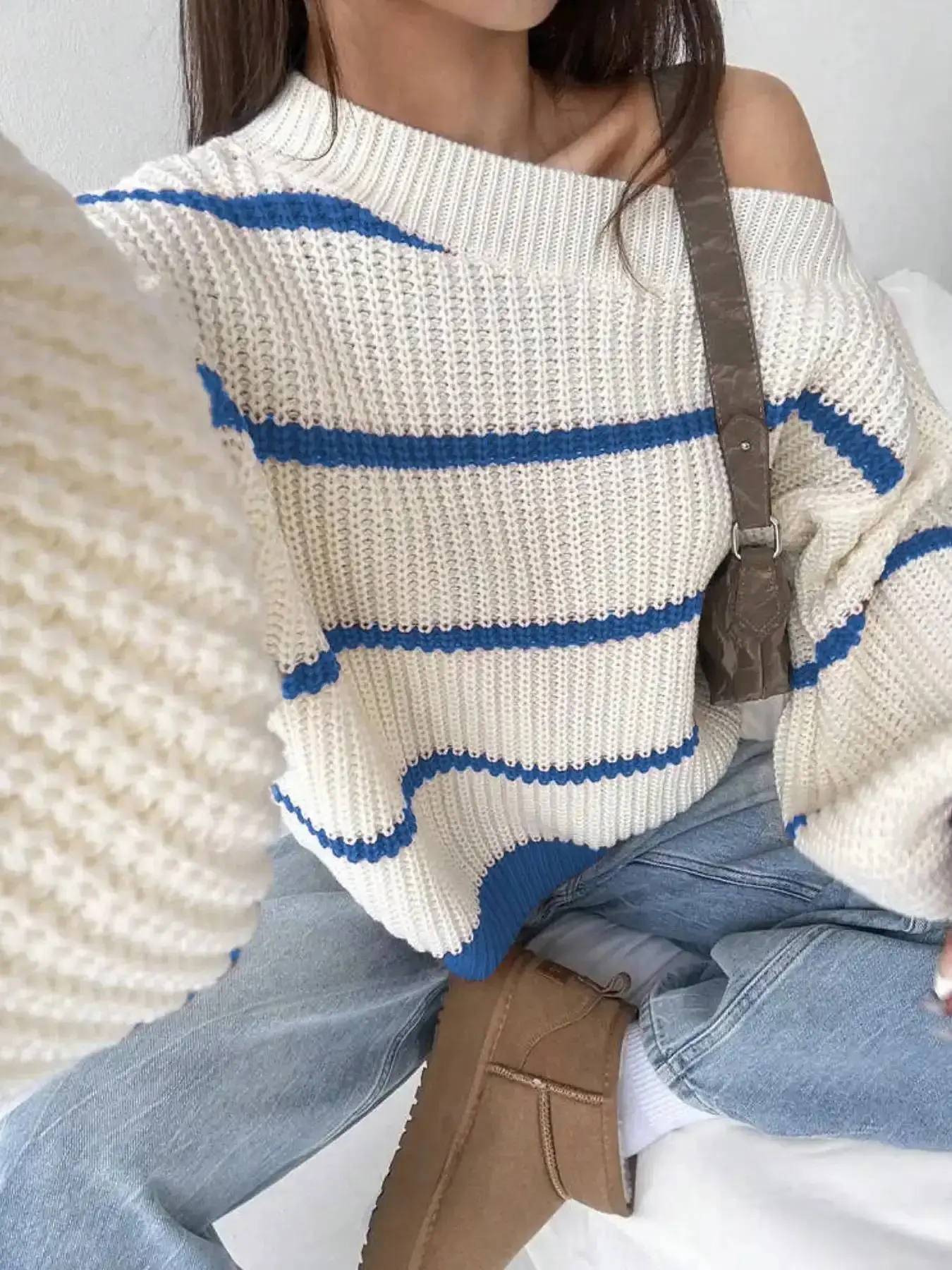 Women's Casual Striped Drop Shoulder Sweater, Fall Winter Loose-Fit Knitted Pullover, Versatile Fashion Outerwear for Daily Wear, Womenswear refined statement piece flattering fit