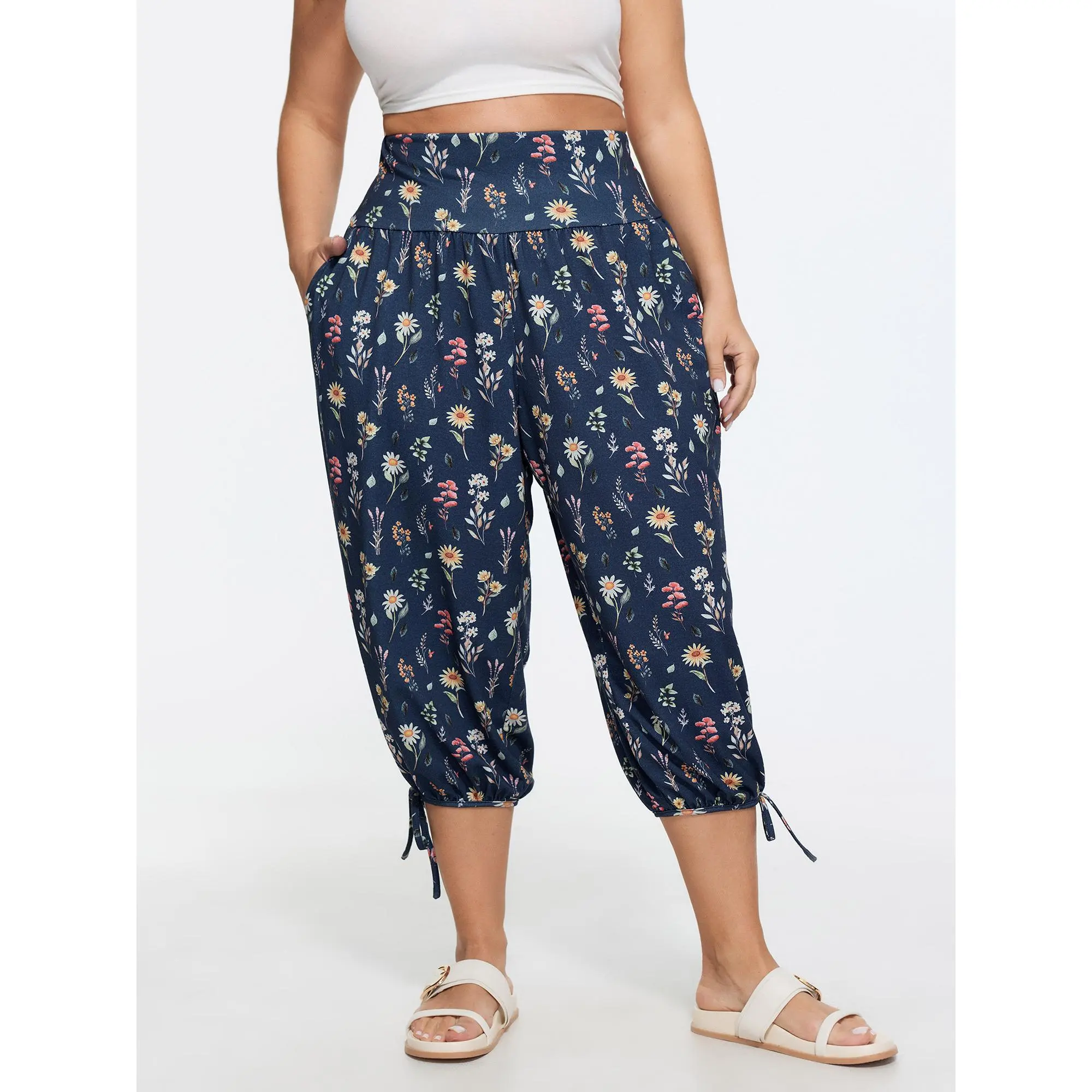 BLOOMCHIC Plus Size Stretchy Floral Print Drawstring Cuff Pants [M-6X] 2026Summerfinds