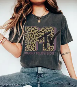 Womens MTV Classic Leopard Print Bold Logo Shirt, Music Television MTV Logo Tee, Retro 80s 90s Style MTV Tee, Disneyland Family Matching Tee
