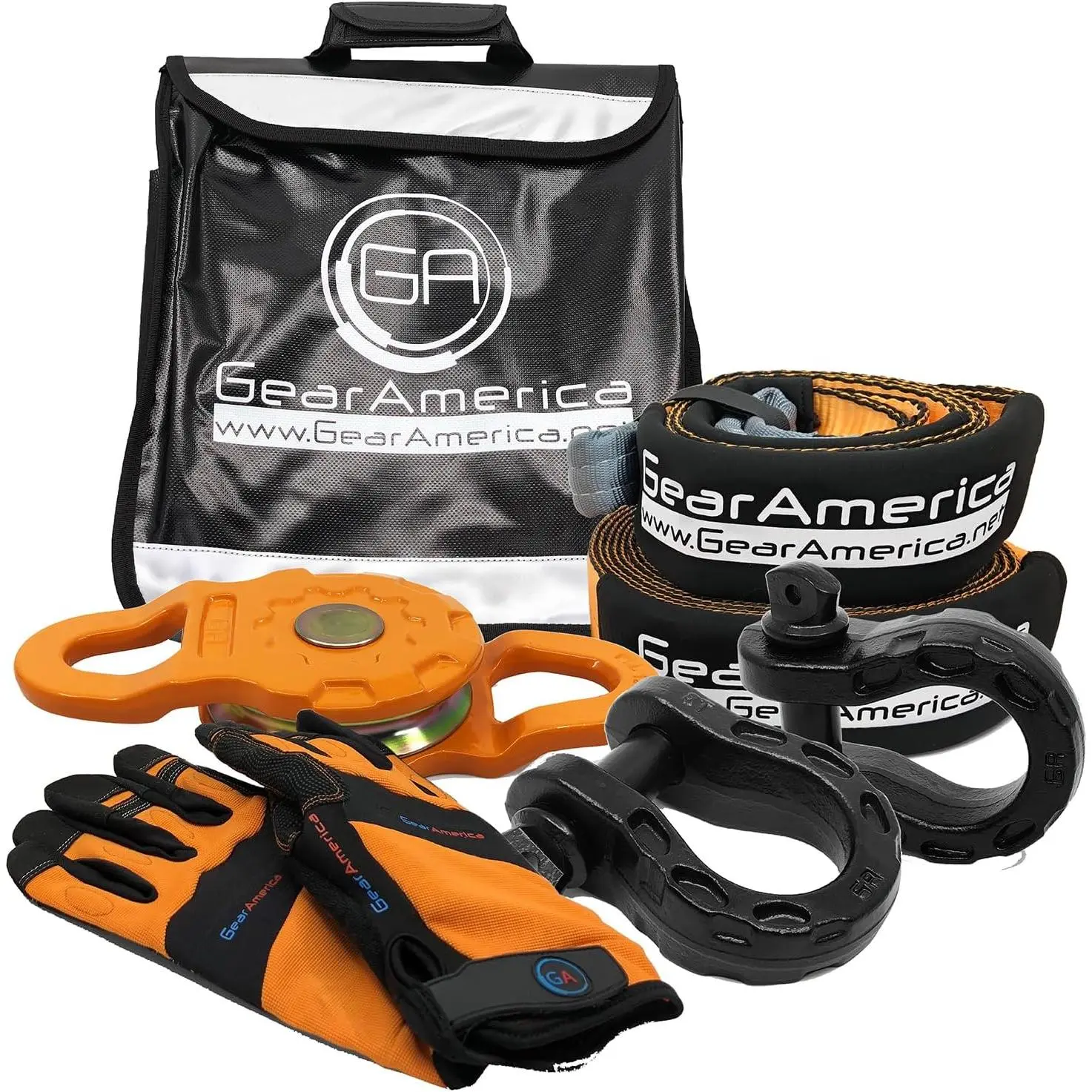 GearAmerica Off Road Recovery Kit, 25 Ton, Includes Tow Strap, Tree Saver, Mega Snatch Block Pulley, D-Ring Shackles, Winch Line Dampener Bag, Gloves - Off Road Recovery Gear, 4x4, Black