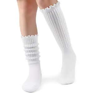 Ruffle Socks for Women Cotton Slouchy Knee High Calf Crew Socks for Boot Sneakers Workout Size 5-11