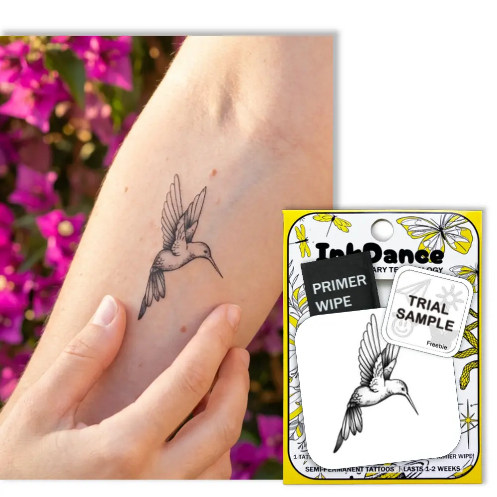 InkDance Semi-Permanent Tattoo, Hummingbird, Long Lasting Temporary Tattoos, Waterproof Plant-Based Ink, Lasts 1-2 Weeks, Color Develops in 24 Hours MNF031