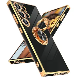 for Samsung Galaxy S24 Ultra Case: with 360 °   Rotatable Ring Holder Magnetic Kickstand, Plating Rose Gold Edge Protective Samsung Galaxy S24 Ultra Case, Black