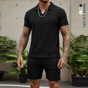 2-piece men’s summer casual set: lightweight short-sleeve collared top and solid-color drawstring shorts with pockets; suitable for everyday wear, travel, simple, stylish, and versatile.