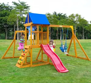 Wooden Swing Sets for Backyard, Playground Sets for Backyards with a Slide, Rock Climbing Wall, Sandbox, Colorful Shed Cloth, Monkey bar, and More - Outdoor Playset for Backyard 3-6 Year-Olds