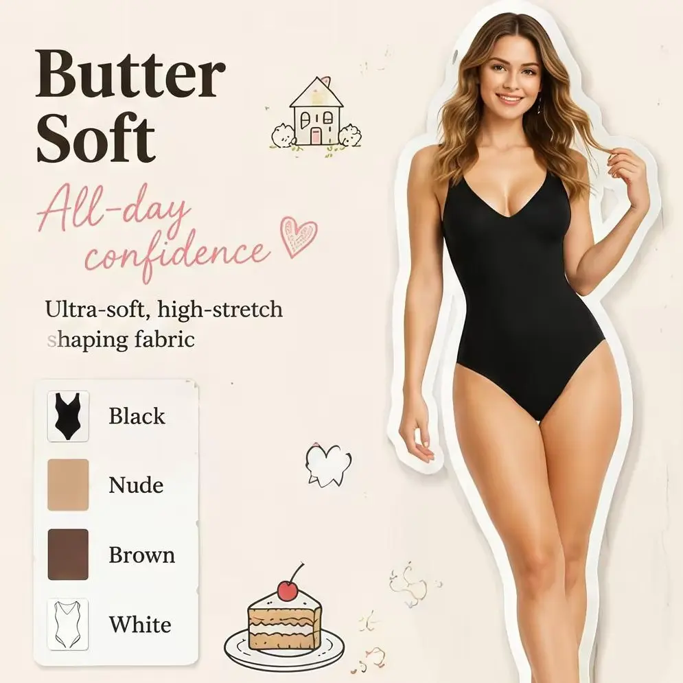 [Sculptella shop]Wireless Deep V Plunge Thong Bodysuit – Seamless Shapewear with Push-Up Lift and Tummy Control for All-Day Comfort