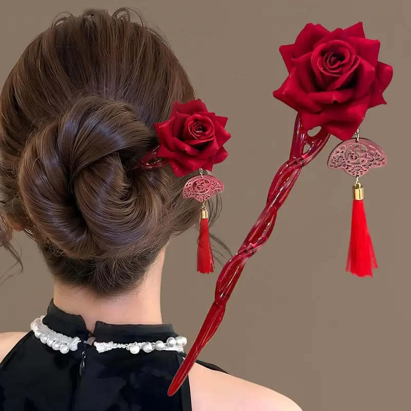 5PCS Camellia Flower Tassels Hairpin, Crystal Rhinestone  display picture 2