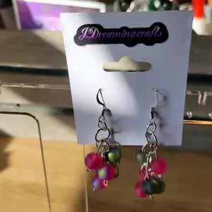Iridescent Black and Hot Pink Bead Dangle Earrings