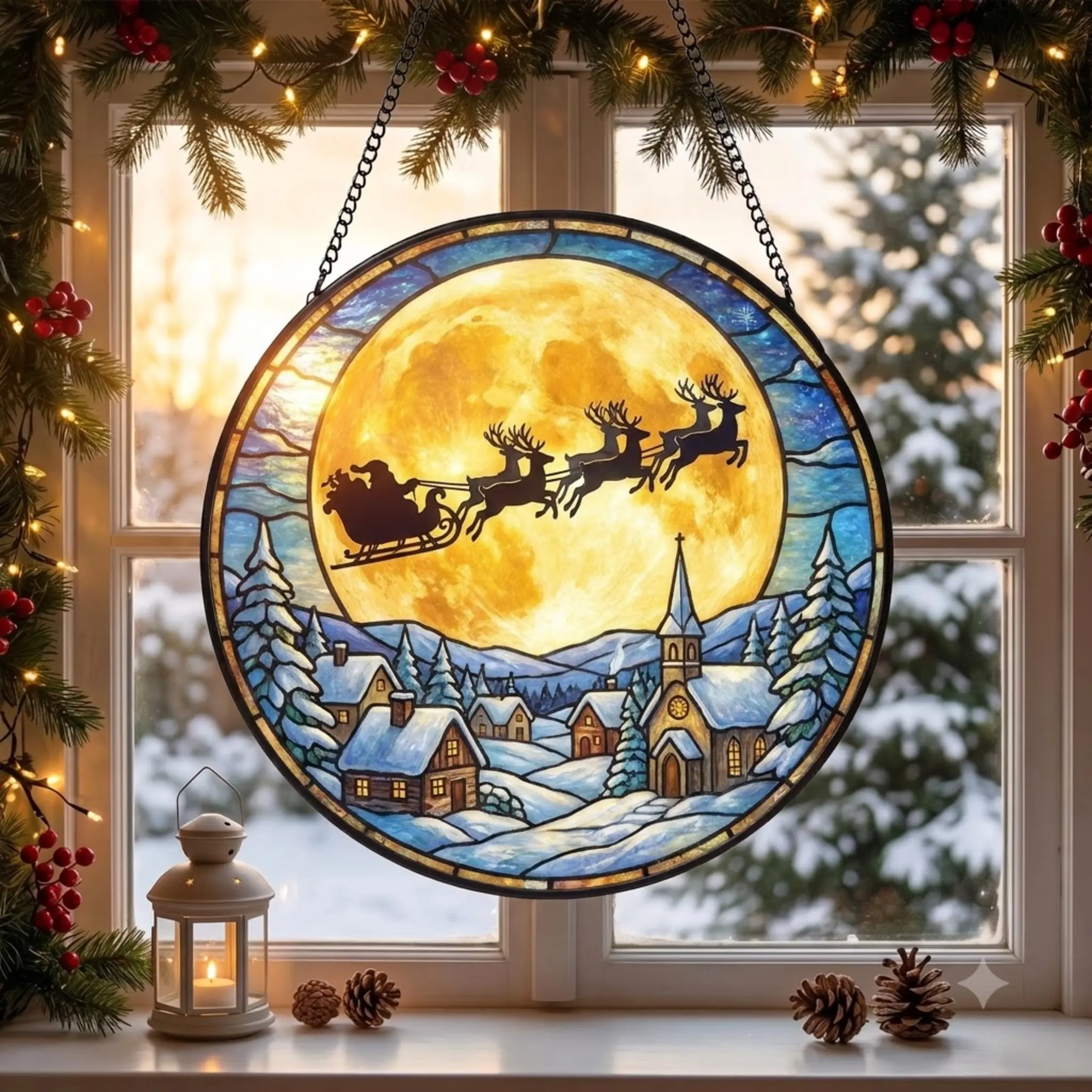 Santa Sleigh Moon Christmas Suncatcher, Stained Glass Style Window Hanging, Full Moon Santa Reindeer Decor, Winter Village Christmas Ornament, Holiday Gift