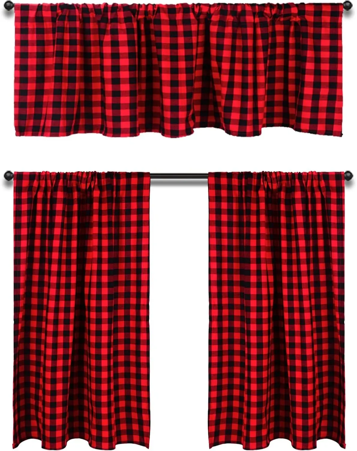 Valance Curtain Set, 3PCS Cotton Buffalo Plaid, Farmhouse Kitchen Curtains, 58Wx15L, 29Wx36L | Buffalo Check Plaid Curtains, Black Red Farmhouse Window Curtains, Light Filtering Rod Pocket Drapes for Farmhouse Home Decor