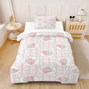 2/3 Piece Strawberry Comforter Set, 1 Comforter + 1/2 Pillowcases, Cute Pink Gingham Strawberry Bedding, Kawaii Bedroom Decor for Teens Girls Kids Adults, Ideal Gift for Fruit Lovers