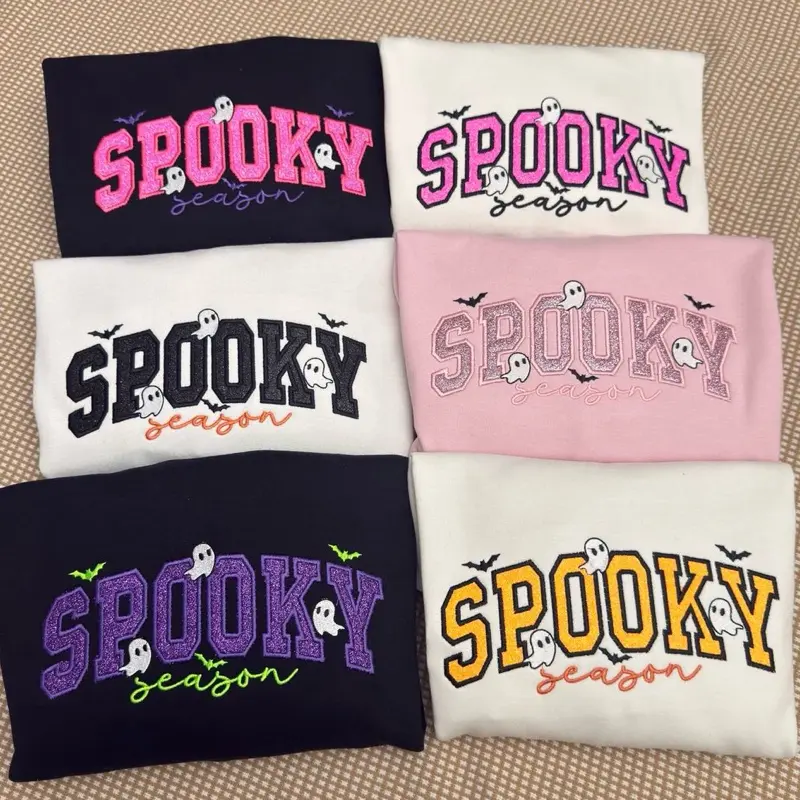 Spooky season glitter small ghosts with cursive letters glitter appliqué embroidered sweatshirt / Halloween embroidered sweatshirt / spooky season embroidered sweatshirt