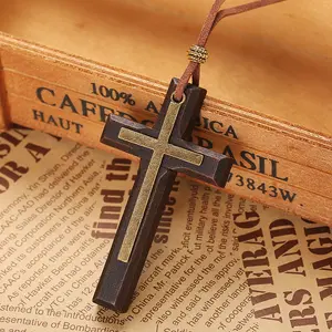Brown Retro Handmade Double Layer Alloy Wood Cross Car Mirror Charm, Rearview Mirror Decor, Perfect Birthday Gift