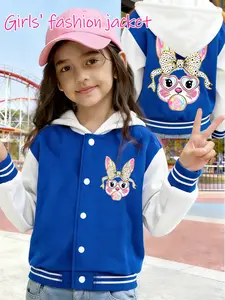 Y2K Girls Fleece Hooded Jacket, Heart Glasses Bubblegum Rabbit Print, Slim-Fitting Spring & Fall Street Style, Casual Fashion Outerwear