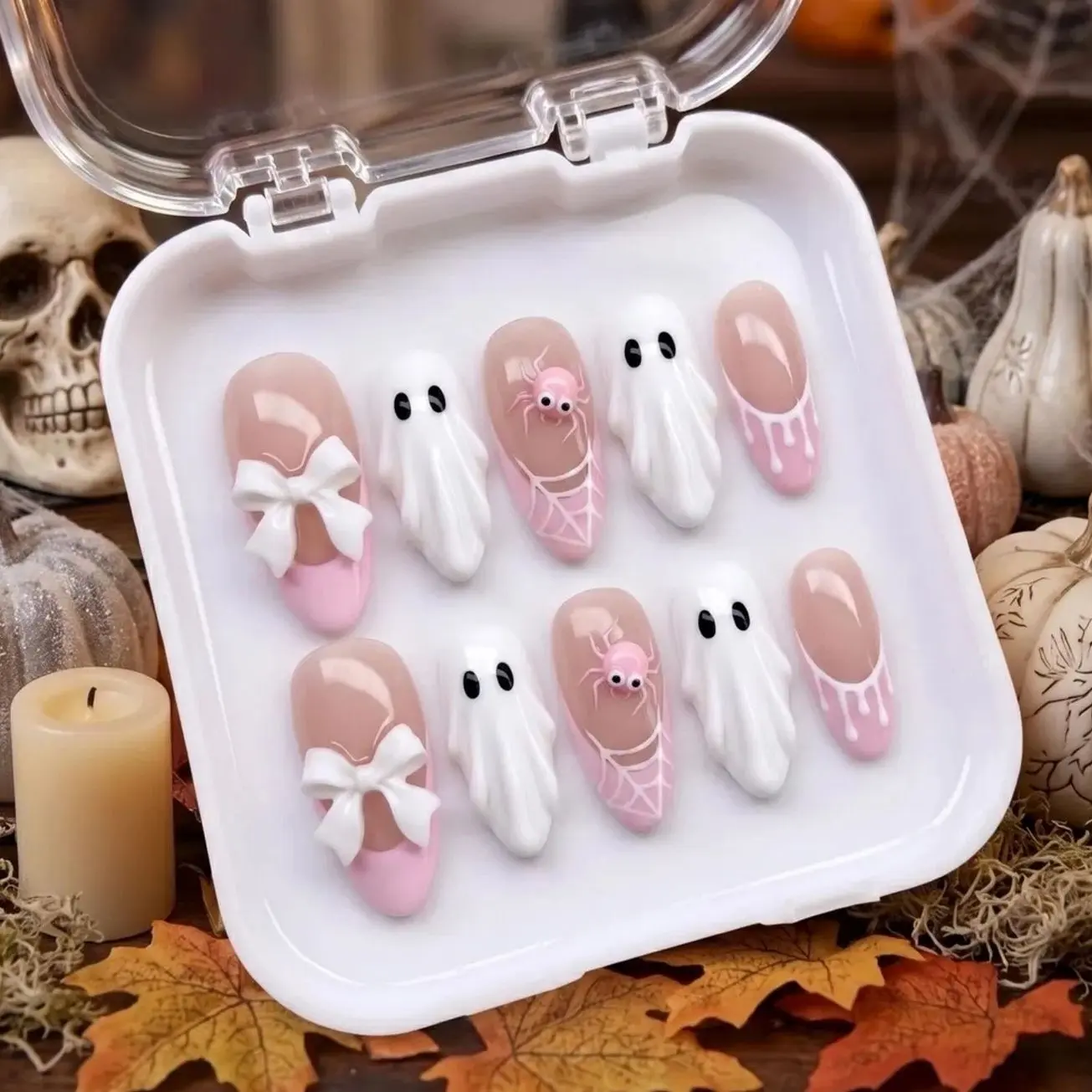 Pink Halloween Press On Nails with Ghost Art, 3D Bow, Spider Web Detail, Glossy Nude French Tips, Soft Spooky Nail Set for Fall Costume Party