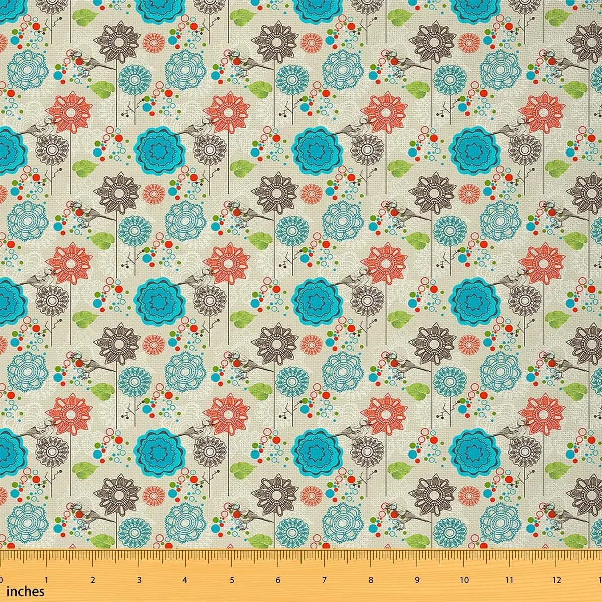 Feelyou Elegant Floral Upholstery Fabric by the Yd (2 Yds) - Retro Birds Pattern, Boho Leaf Circles Outdoor Fabric for DIY Projects, Elegant Floral Fabric