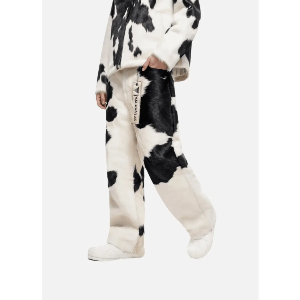 Women's Statement Pants in Black & White Cow Print, 100% Genuine Hair-on Cowhide, Straight Leg Designer Streetwear, Garment, Soft, Matching, Bottom, Breathable, Leather, Hip, Piece, Print Pants