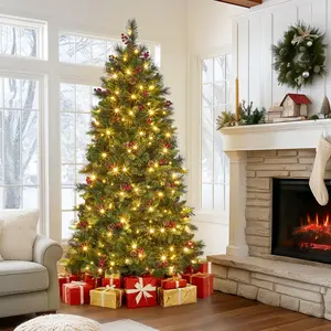 6FT PVC Artificial Christmas Tree with Metal Multicolor LED Star Light, LED Lantern, Warm-Toned Lights - Home Decor Ornament, Indoor Holiday Decoration