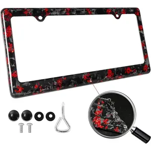 Red Real Carbon Fiber License Plate Frame, Forged Pattern Red Inlay Glossy License Plate Frame, Universal 2 Holes Slim Cool License Plate Holder Cover with Mounting Tools for US CAN MX Cars 1PCS