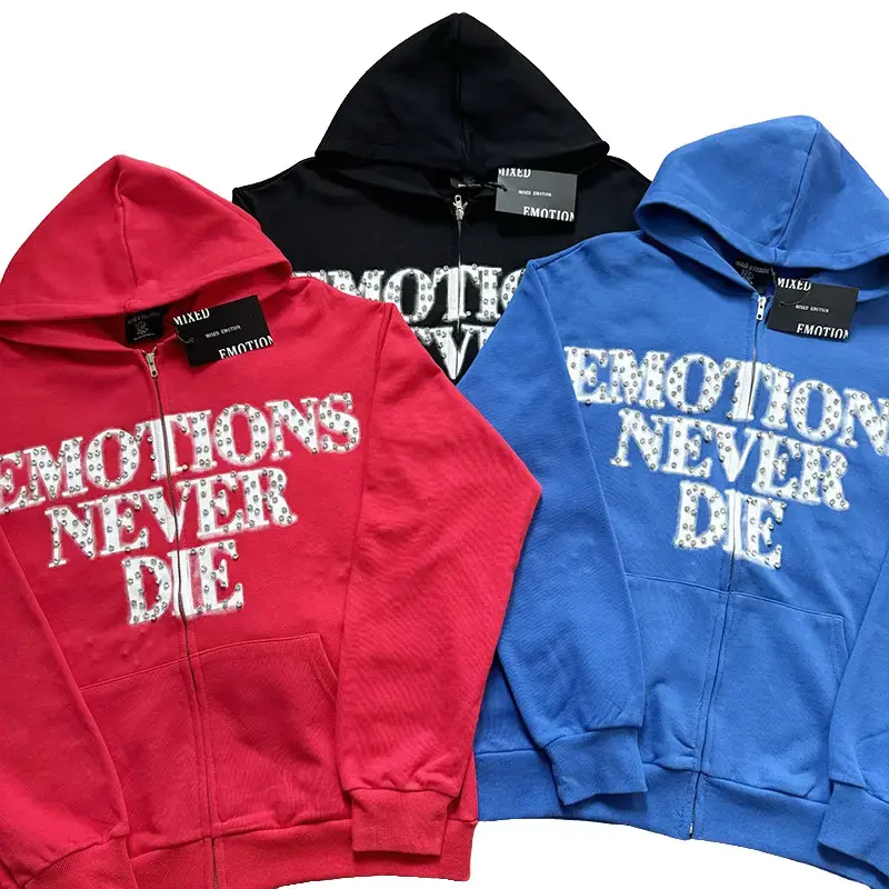 Mixed Emotion Rhinestone Hoodie, Men Streetwear Zip Up Cardigan, Red Graphic Print Y2K Gothic Hip Hop Sweatshirt, Autumn Winter Oversized Casual Hooded Jacket Unisex For Daily Street Party Night‑out Outfit Menswear Tops