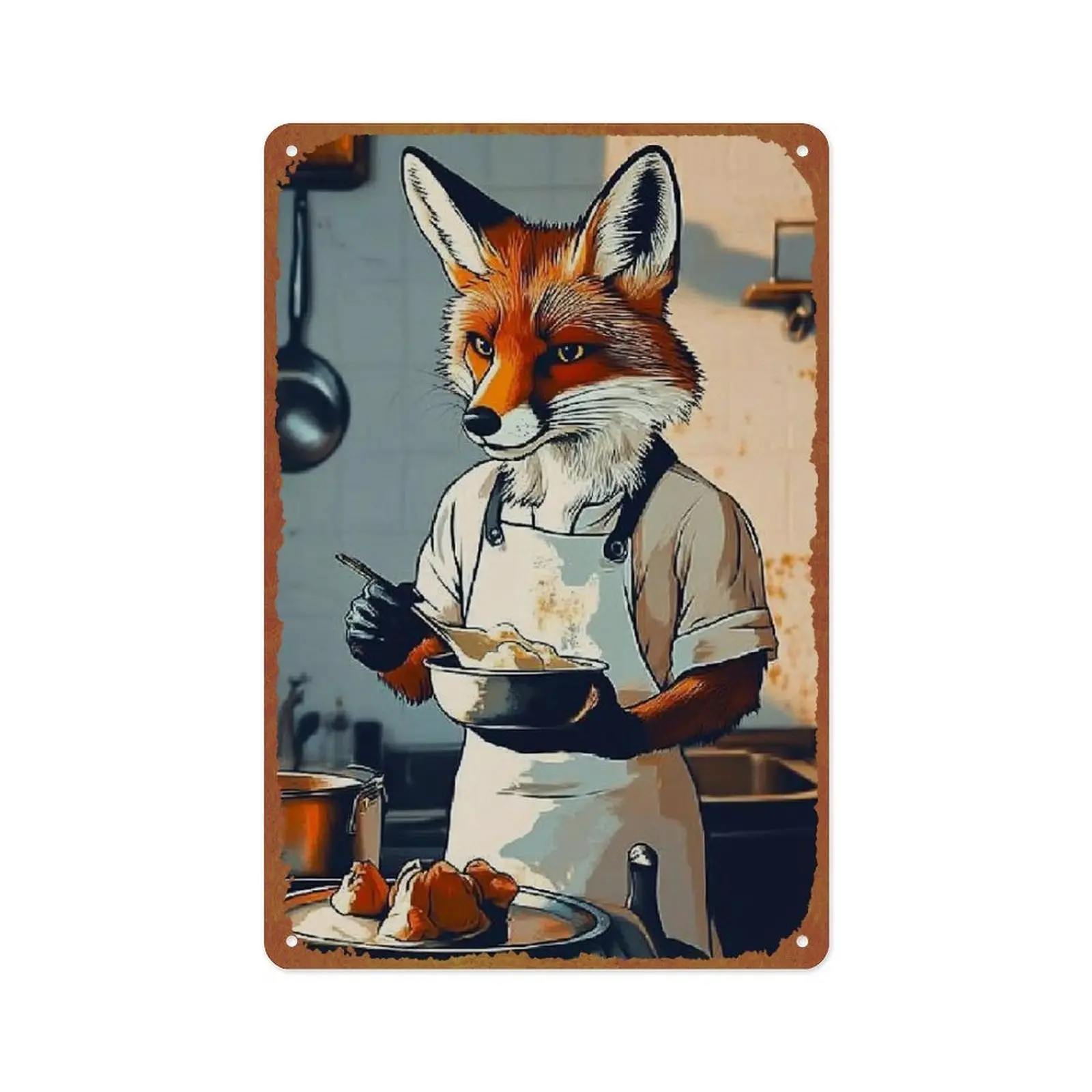 "Fox Chef" Retro Metal-Aluminium Tin Sign - Whimsical Animals Themed Kitchen Wall Art Decor, Cute Animal Chef Gift for Cooking Enthusiasts
