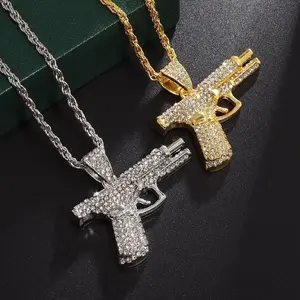 Bling Iced-Out Pistol Pendant Necklace For Men Hip Hop Street Style Rhinestone Inlay Statement Jewelry Accessory
