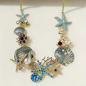 Boho-Chic Beach Necklace with Shell, Starfish & Faux Pearl Accents - Alloy Clavicle Chain for Women | Perfect for Vacation & Parties