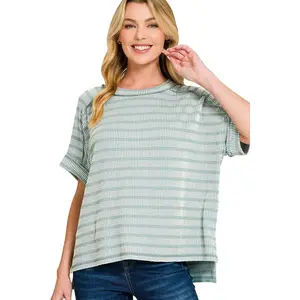 Zenana Stripe Pattern Ribbed Short Sleeve Top