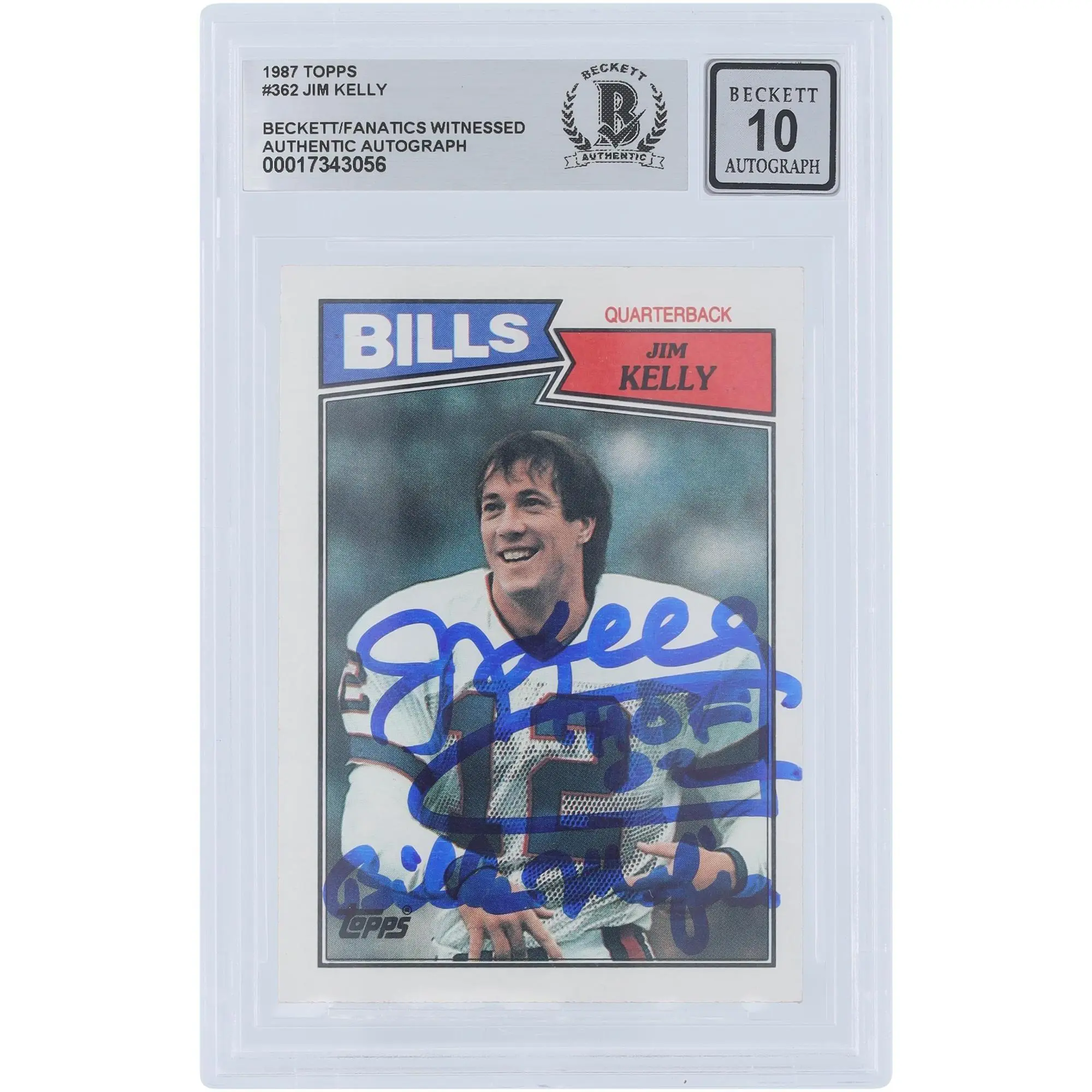 Jim Kelly Buffalo Bills Autographed 1987 Topps #362 Beckett Fanatics Witnessed Authenticated 10 Rookie Card with "HOF 02/Bills Mafia" Inscription - Fanatics Authentic Certified
