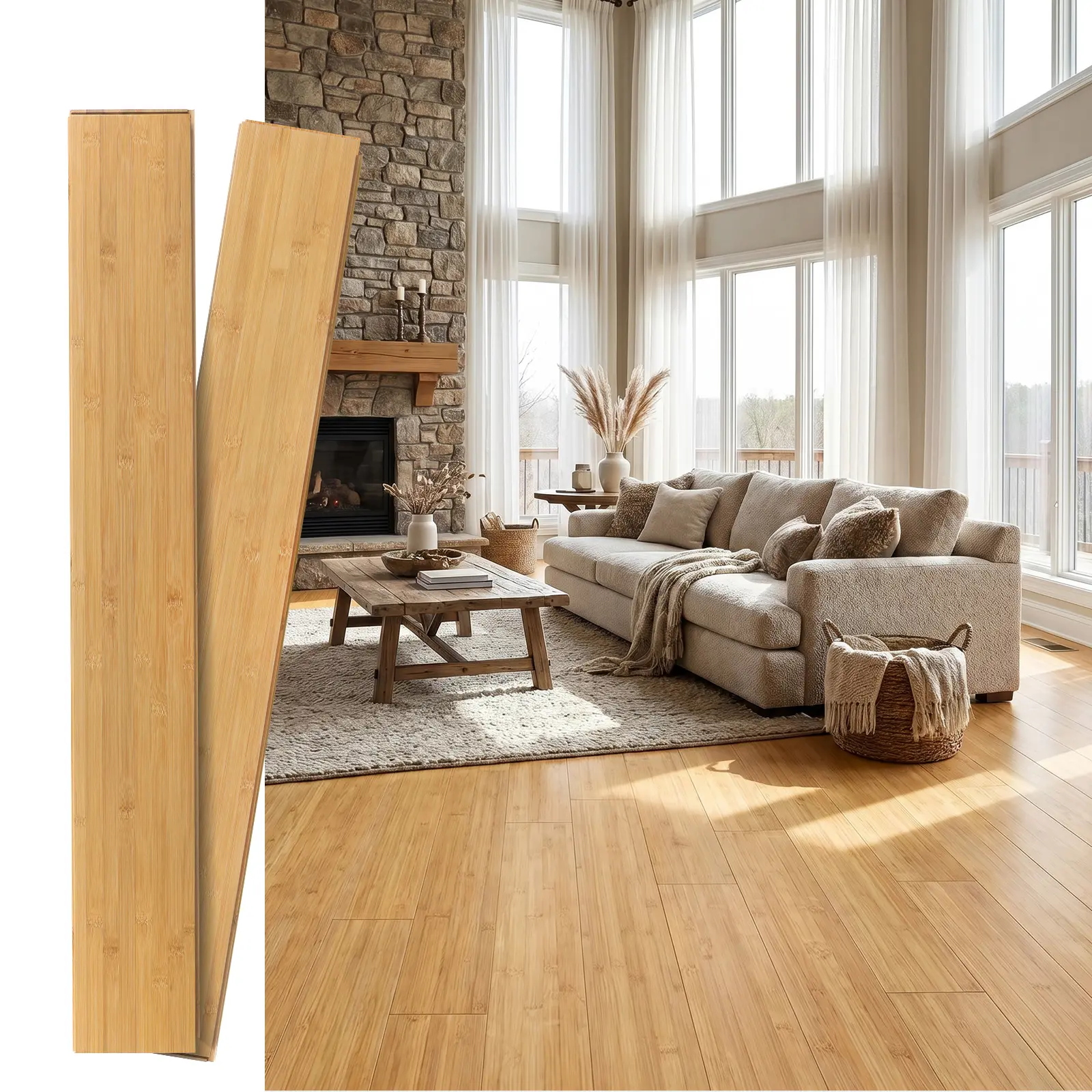 Jeedeson 40.16"x5.12" Click Lock Bamboo Flooring, Easy Install Light Honey Hardwood Floor for Living Room Bedroom