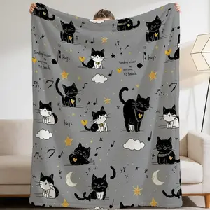 1pc Cozy Flannel Cat Throw Blanket Suitable for Sofa Naps, Soft Black & White Kitten Bedspread, - Bedding for Cat Lovers, Decor, Hand Washable Blanket for & Room