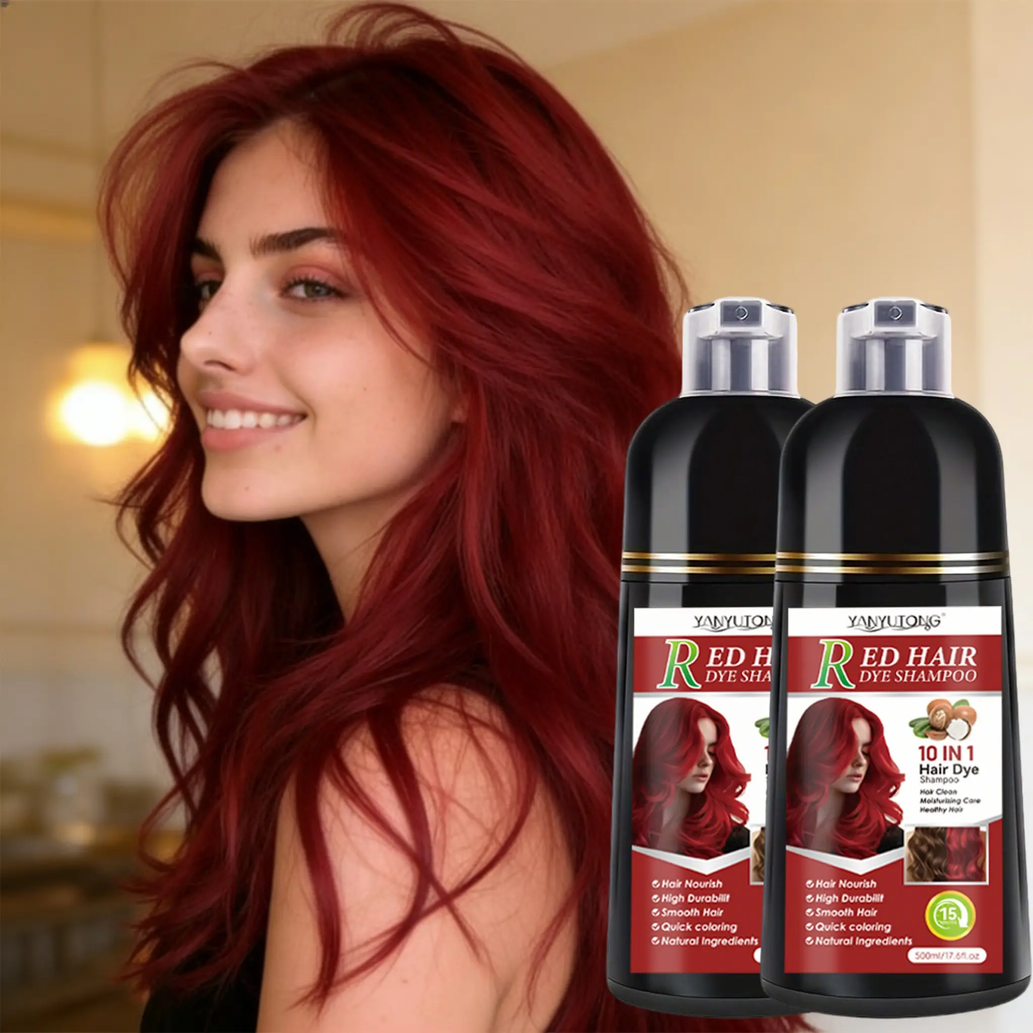 2-Pack 500ml All-in-One Red Coloring Hair Dye Shampoo | Plant-Based Formula for Gentle, Non-Irritating Color | Deeply Nourishes, Ensures Quick & Even Color with Silky Smoothness | Long-Lasting Wear | Hairdye